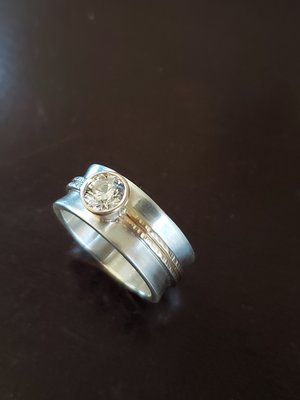 Sterling silver 14k yellow gold ring 8mm wide 5.5mm Moissanite Charles and Colva