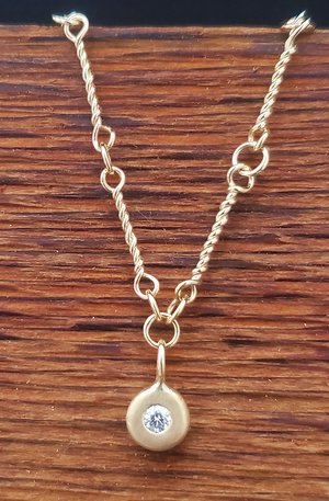 14k Yellow Gold Handmade Chain Link Necklace, Diamond Coin pendant, Diamond pebb