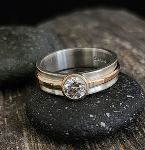 Moissanite 6mm Ring, 14k Yellow and Sterling Silver, One of a Kind, Mixed Metals
