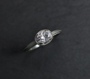 14k White Gold Moissanite Ring, Oval Vintage Inspired East to West Engagement Ri