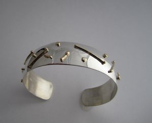 Sterling silver cuff bracelet with fused14kt yellow gold, handmade bracelet, art