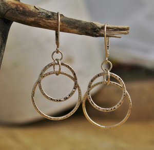 14k Yellow Gold  Hammered Hoop Dangle Earrings with Lever backs, Double Hoops, Solid Gold, Textured Earrings