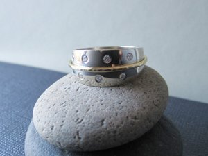 White gold diamond ring, two tone ring, celestial power ring, yellow gold accent