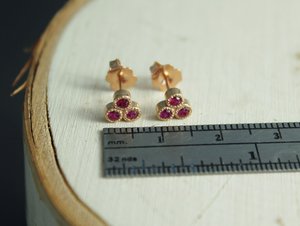 14k Rose Gold Ruby Three Stone Stud Earrings, Trio Stud Earrings, Ruby Studs, Tr