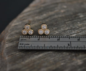 14k Yellow Gold Diamond Three Stone Stud Earrings, Trio Stud Earrings, Trinity Triangle Studs, 14k Gold Posts, Made to Order