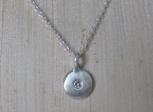 Sterling Silver Diamond Coin Pebble Necklace, Handmade Silver Pendant, Silver Diamond Disc Pendant, Ready to Ship Neckwear