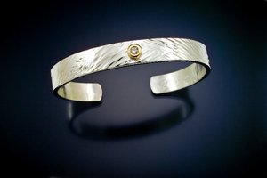 Sterling Silver Cuff Bracelet with 14k Yellow Gold Diamond Button, Hammered Cuff