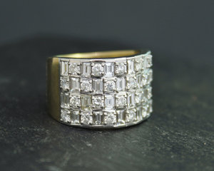 18K Yellow Gold Diamond Ring, Wide Diamond Ring, Bling Ring, Yellow and White Gold, Baguette Diamonds, Statement Ring, Made to Order