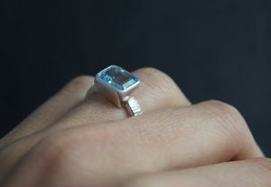 East to West Blue Topaz Ring, Emerald Cut Topaz, Sterling Silver Textured Shank, Blue Topaz Solitaire, Cocktail Ring, Ready to Ship Size 6
