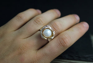 Silver Gold Organic Pearl Ring, 14k Yellow Gold and Sterling Silver Ring, One of a Kind Ring, Ready to Ship Size 8