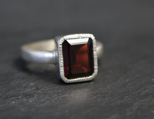 Garnet Ring, 9x7 Textured Bezel Set Garnet Ring, January Birthstone Ring, Garnet