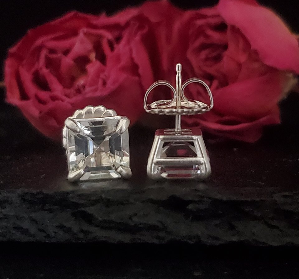 White Topaz Sterling silver Asscher cut square Stud Earrings, 8mm Claw prong, Earrings, Big Natural Stone Studs, Ready to Ship Earrings