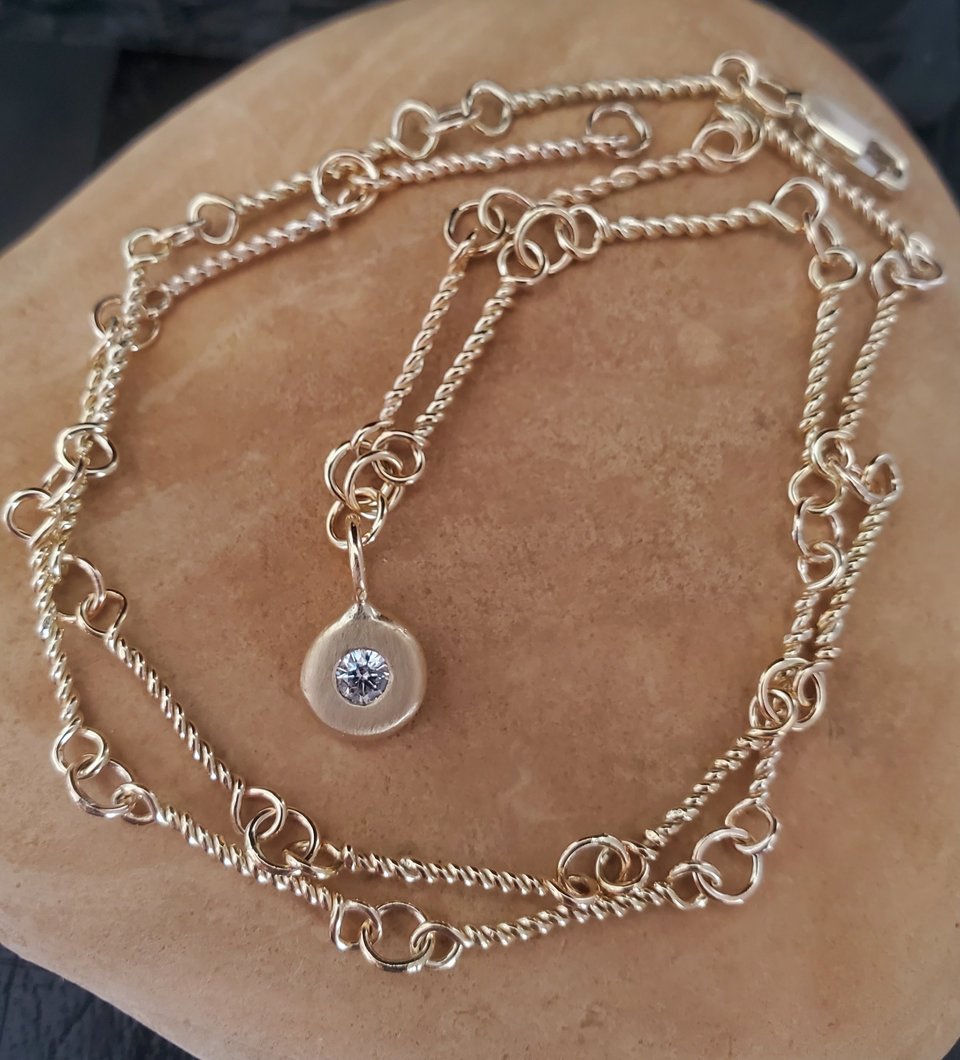 14k Yellow Gold Handmade Chain Link Necklace, Diamond Coin pendant, Diamond pebb