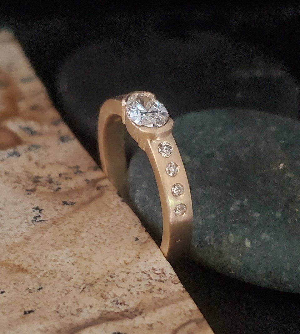 Oval Lab Diamond ring, Half bezel 14k gold, 6x4mm Sideways, Vintage Inspired, Ec