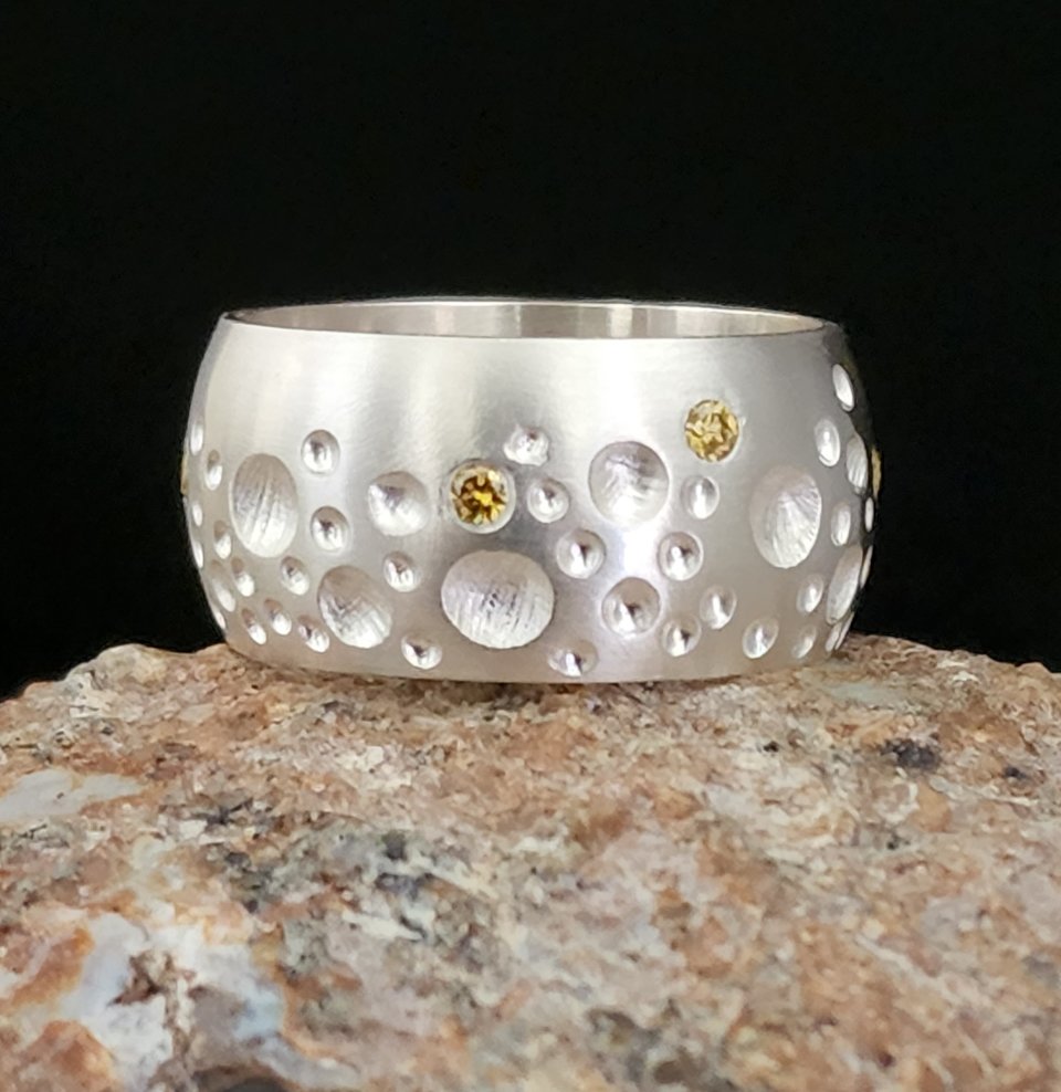 Moonscape ring sterling silver yellow diamond moonscape texture 10mm wide statem