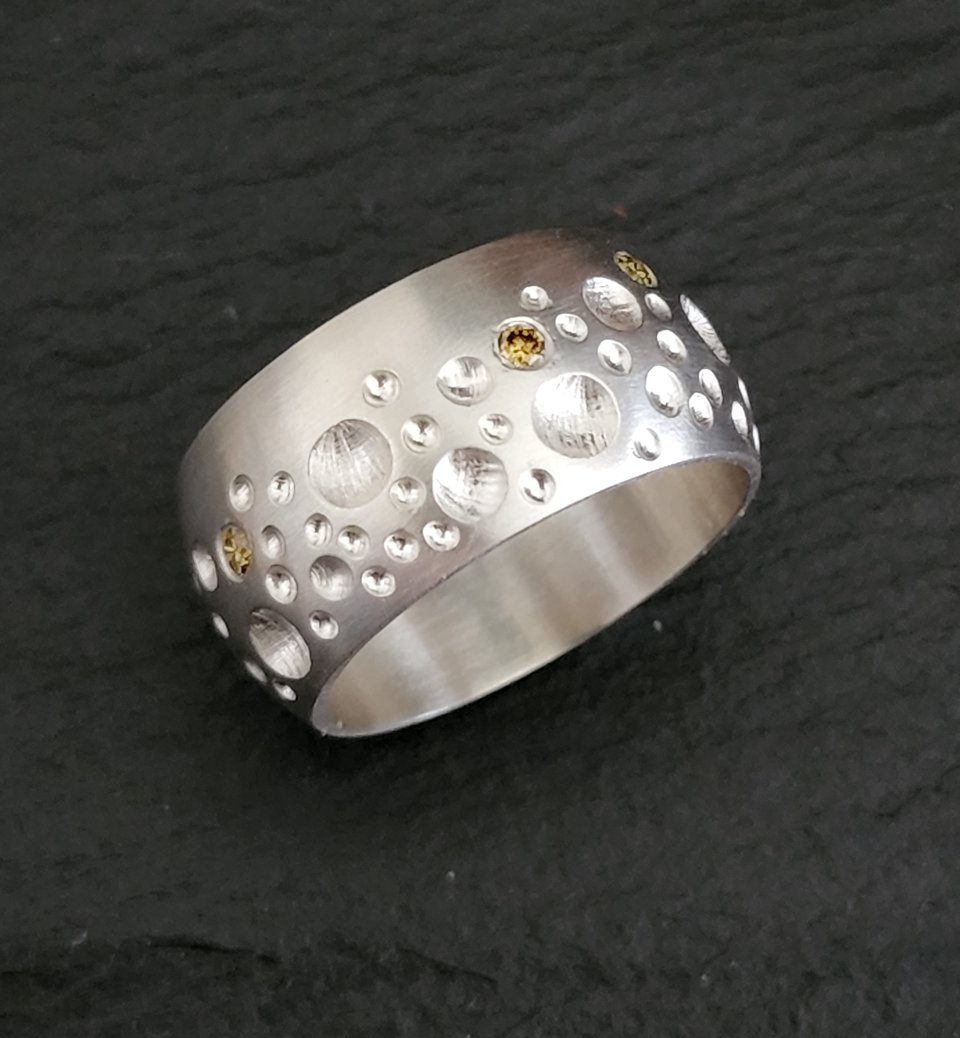 Moonscape ring sterling silver yellow diamond moonscape texture 10mm wide statem