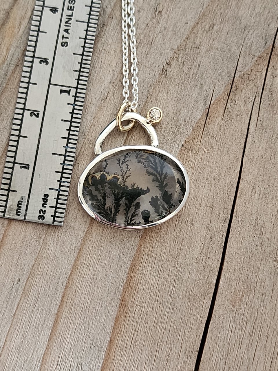 Pendant in 14k Yellow Gold, Dendritic Agate gemstone, reclaimed diamond accent,