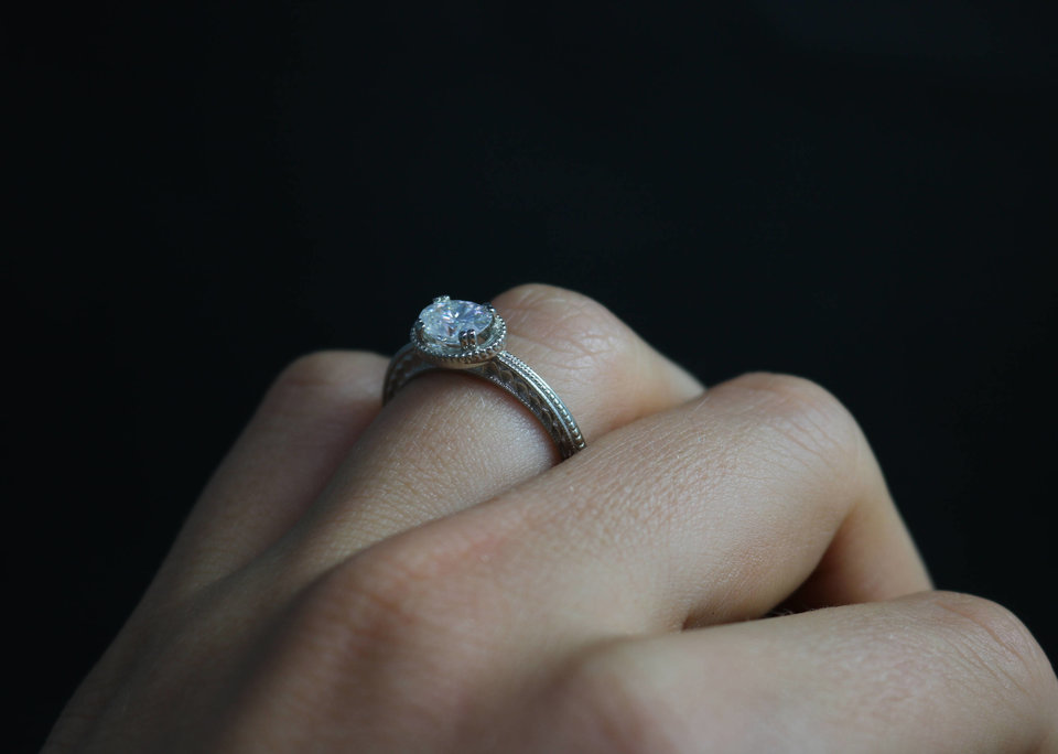 14k White Gold Moissanite Ring, Oval Vintage Inspired East to West Engagement Ri