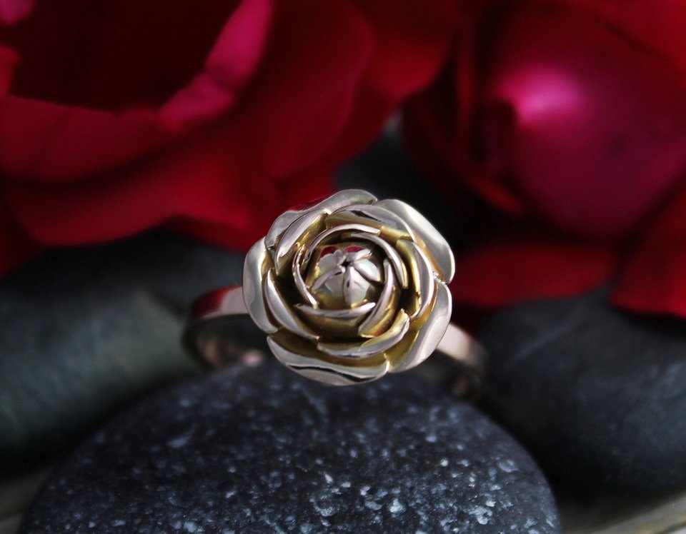 14k Rose Gold Rose Ring, Flower Ring, Statement Ring, Inspired by Nature, Organic Natural Ring, Stackable Ring,  Ready to Ship Gold Ring