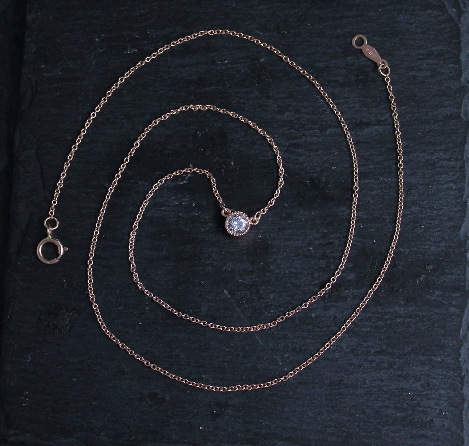 14k Rose Gold Moissanite Pendant Necklace, Moissanite Solitaire, Textured Bezel