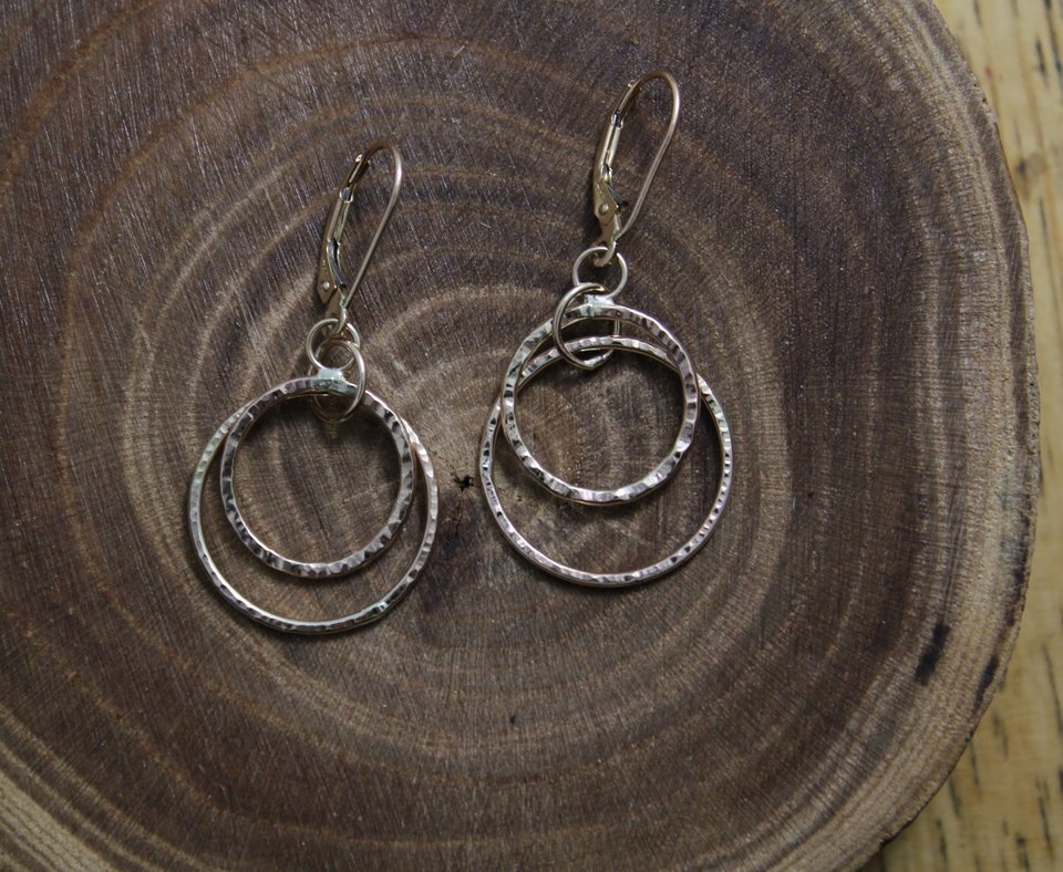 14k Yellow Gold  Hammered Hoop Dangle Earrings with Lever backs, Double Hoops, Solid Gold, Textured Earrings