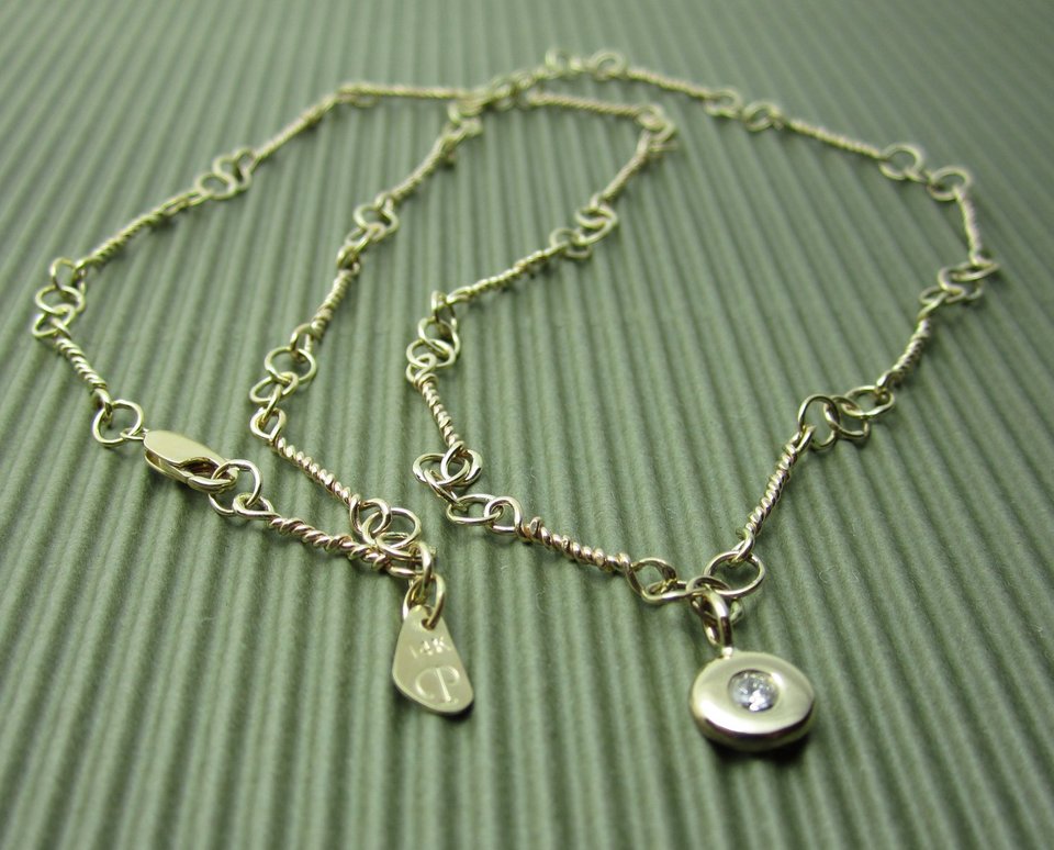14k Yellow Gold Handmade Link Chain Necklace - Diamond Coin - Pebble Necklace - Handmade Chain - Ready to Ship