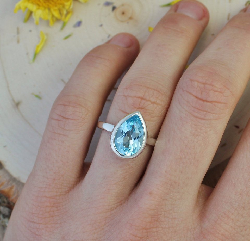 Sterling Silver Pear Shape Blue Topaz Ring, Solitaire Blue Topaz, December Birth