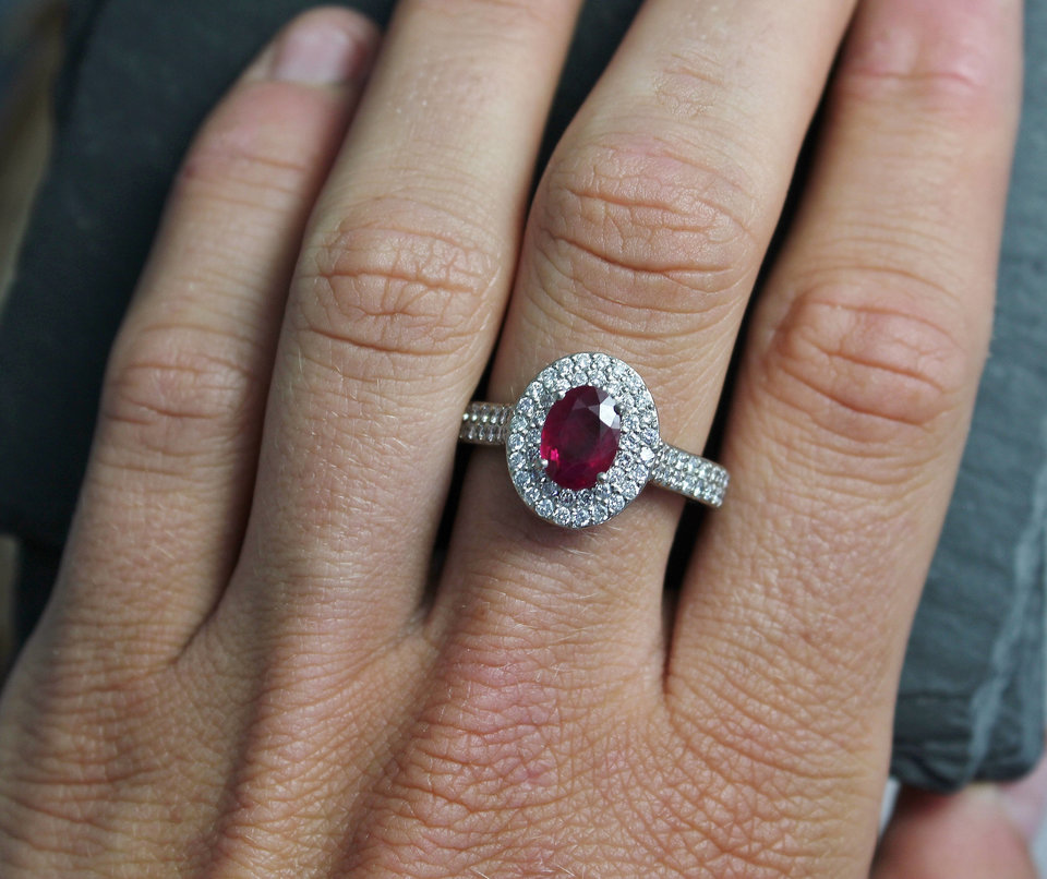 14k White Gold Halo Gemstone Ring, Moissanite Details, Custom Ring, Customizable