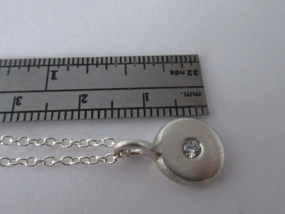 Sterling Silver Diamond Coin Pebble Necklace, Handmade Silver Pendant, Silver Diamond Disc Pendant, Ready to Ship Neckwear