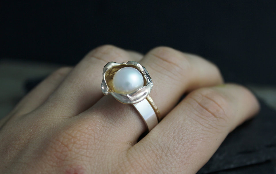 Silver Gold Organic Pearl Ring, 14k Yellow Gold and Sterling Silver Ring, One of a Kind Ring, Ready to Ship Size 8