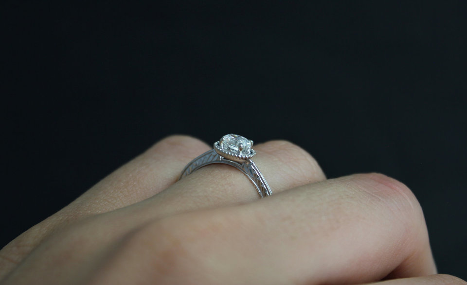 14k White Gold Moissanite Ring, Oval Vintage Inspired, East to West Engagement R