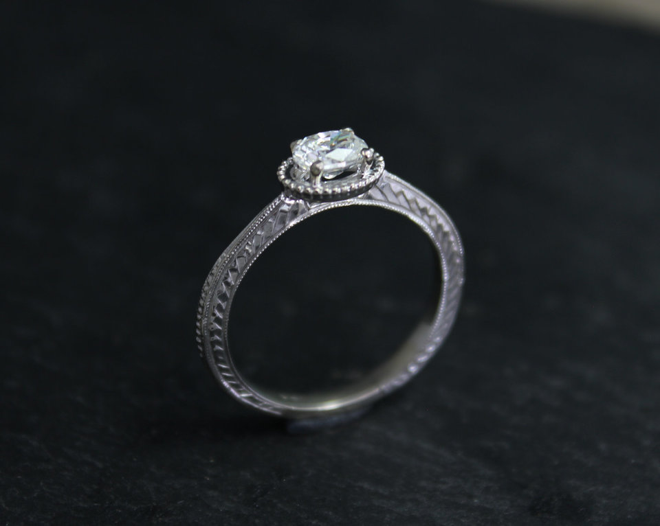 14k White Gold Moissanite Ring, Oval Vintage Inspired, East to West Engagement R