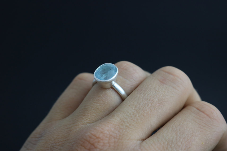 Aquamarine Ring, Bezel Set Sterling Silver, Oval, March Birthstone, Blue, Engagement, Ready to Ship Size 7