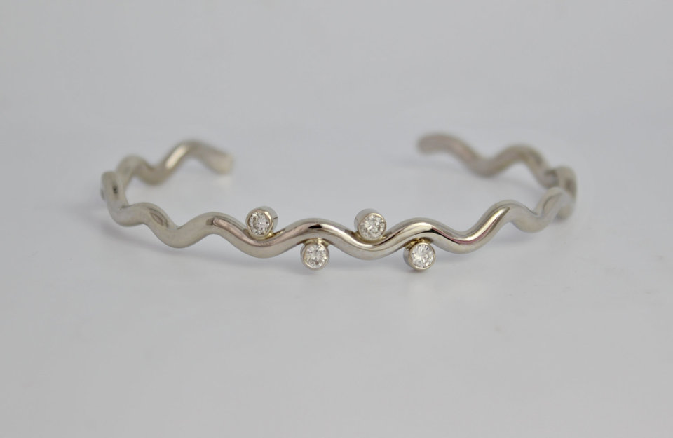 14k White Gold Diamond Bracelet, Handmade Gold Cuff, Diamond Wave Bracelet, Orga