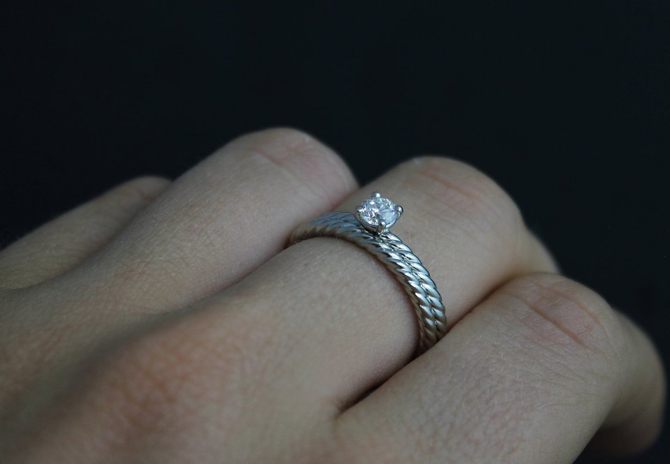 14k White Gold Diamond Engagement Ring, Stackable  Ring, Rope pattern band,  Bri
