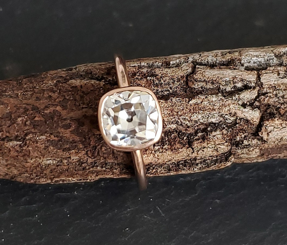 Mine cut Moissanite 7mm  cushion ring 14k Rose Gold Solitaire engagement ring  statement ring vintage mine cut Diamond alternative, unique