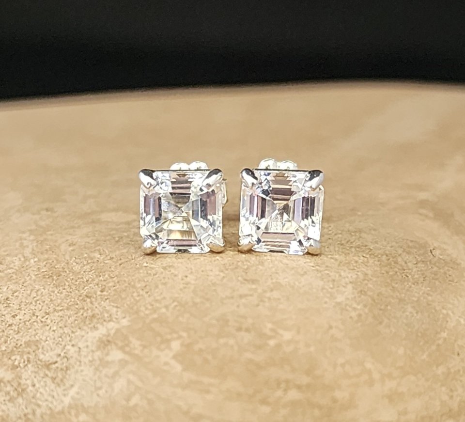 Asscher Cut White Topaz sterling silver 6mm Studs, Ready to ship claw prong studs ON SALE!