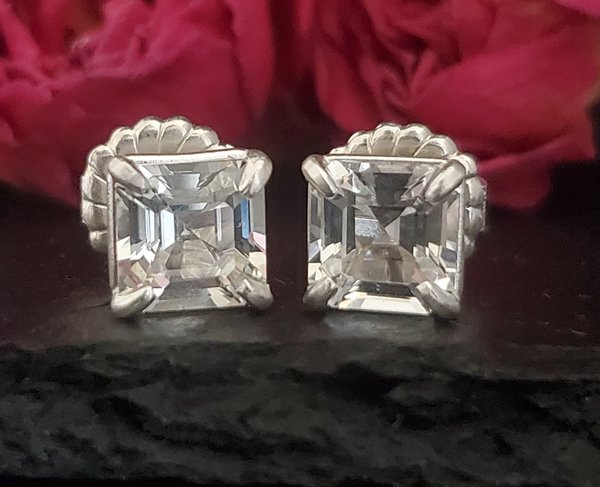 White Topaz Sterling silver Asscher cut square Stud Earrings, 8mm Claw prong, Earrings, Big Natural Stone Studs, Ready to Ship Earrings