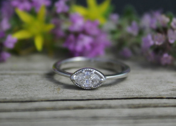 14k White Gold Marquise Diamond Ring, Vintage Inspired Ring, East West Marquise,