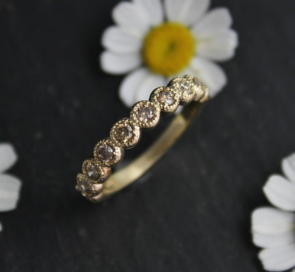 Champagne Diamond in 14k Yellow Gold, Ten Stone Band, Vintage Milgrain Texture, Anniversary Band, Wedding Band, Ready to Ship Size 6.75