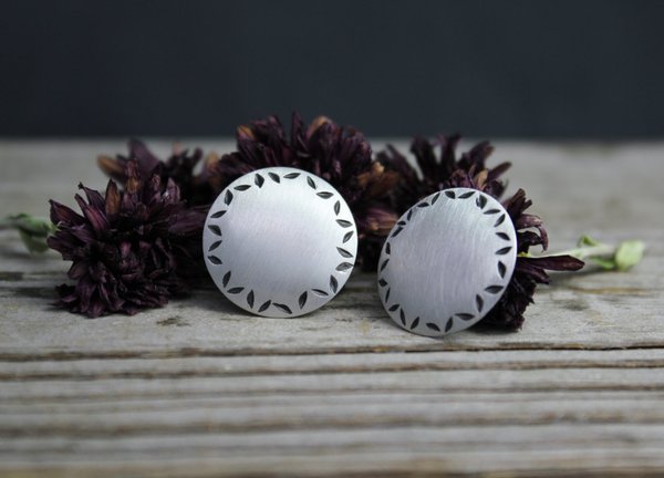 Sterling Silver Circle Earrings, Seed Pattern, One of a Kind Studs, Recycled Silver, Leaf Pattern, Brushed Silver, Ready to Ship Earrings