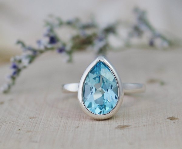 Sterling Silver Pear Shape Blue Topaz Ring, Solitaire Blue Topaz, December Birth