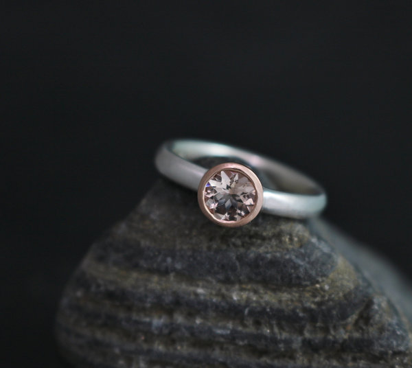 6mm Morganite 14k Rose Gold Ring, Sterling Silver and 14k Gold, Mixed Metals, Bezel Set, Pink Gemstone, Ready to Ship Size 6.75