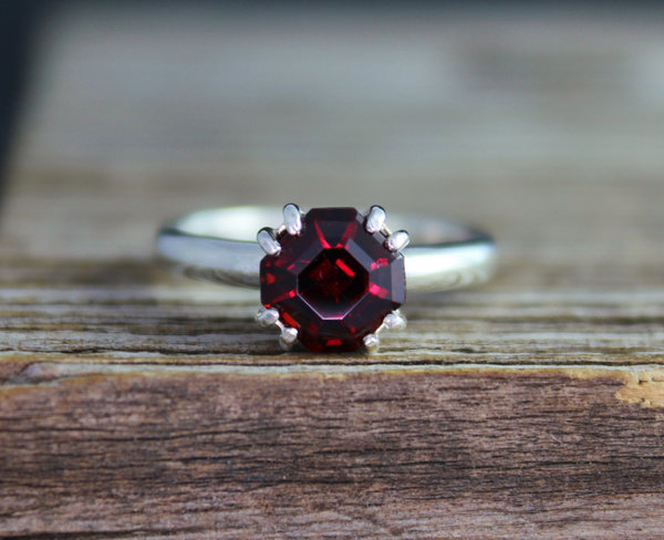 Asscher Cut Garnet Ring, Sterling Silver Garnet Ring, Garnet Solitaire, Double Prong Ring, January Birthstone,Made to order
