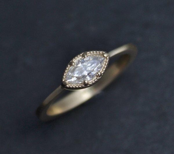 14k Yellow Gold Marquise Moissanite Ring, Vintage Inspired Ring, East West Marquise, Engagement Ring, Bridal  Ready to Ship