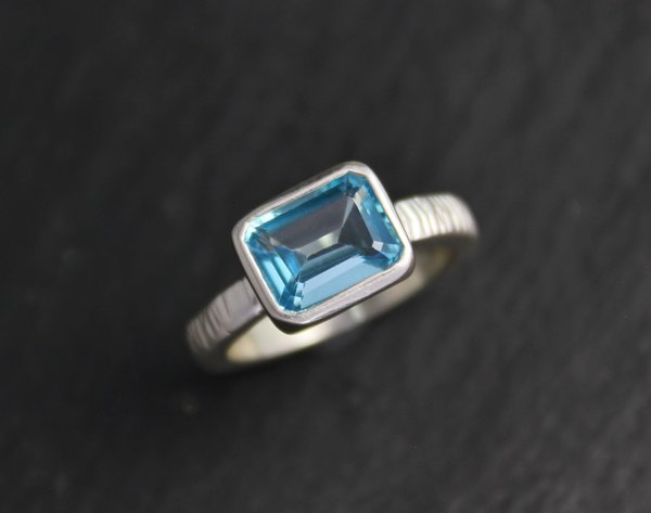 East to West Blue Topaz Ring, Emerald Cut Topaz, Sterling Silver Textured Shank, Blue Topaz Solitaire, Cocktail Ring, Ready to Ship Size 6