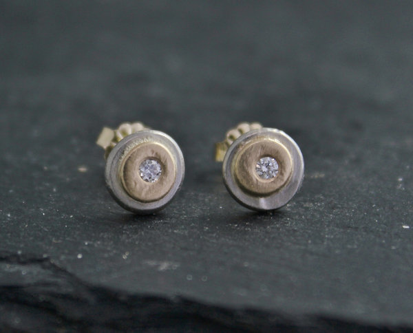 14k Yellow and White Gold Diamond Earrings, Pebble Earrings, Disc Studs, Minimalist Studs, Solid 14k Gold Studs, Simple Studs, Recycled Gold