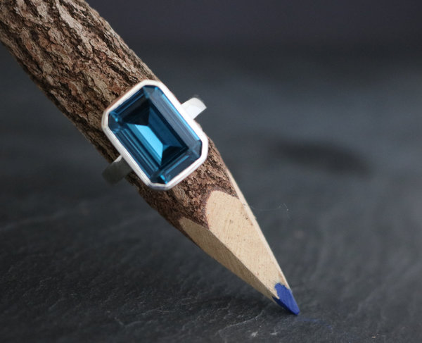 Emerald Cut London Blue Topaz Ring - Bezel Set Ring - Sterling Silver 14mm x 10m