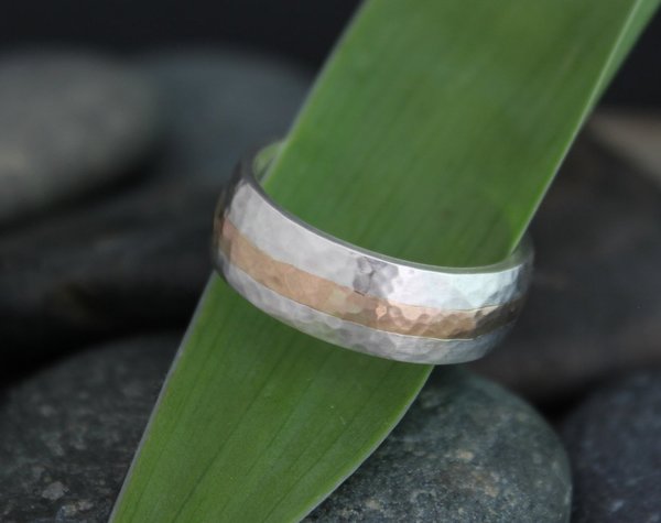 7mm Hammered Yellow Gold and Silver Ring, Gold Inlay Men's Ring, Sterling Silver 14k Rose Gold, Wedding Band, Made to Order