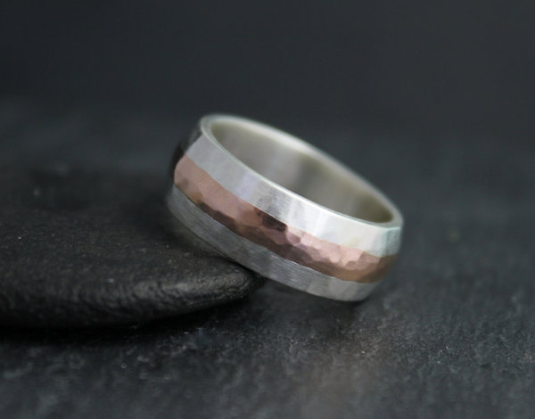 7mm Hammered Rose Gold and Silver Ring, 7mm Wedding Ring, Gold Inlay Men's Ring, Mixed Metal Ring, Eco Friendly Wedding Band, Made to Order